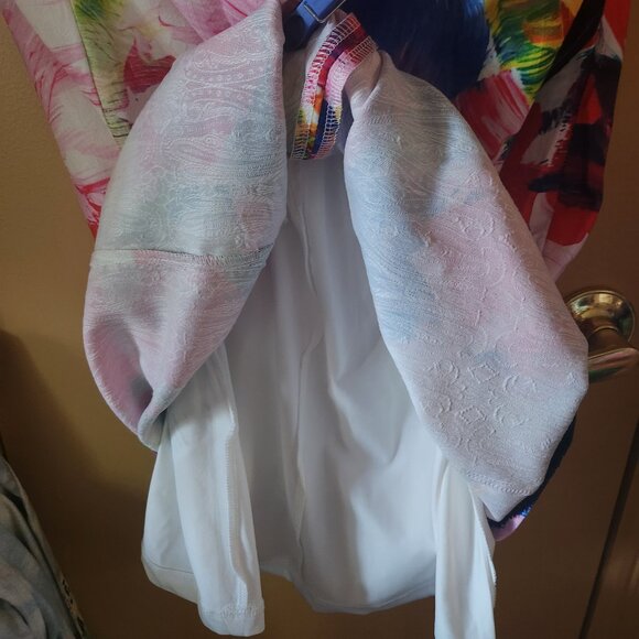 Vintage Linen Smashed Lemon White/Fuchsia V-Neck Oh so pretty w/pockets & lined - Picture 8 of 9